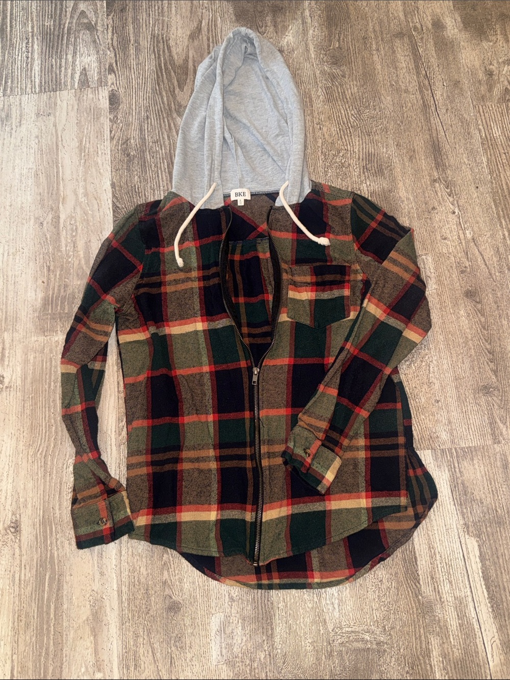 BKE Plaid Zip Hoodie Shirt - Green/Black/Red/Tan